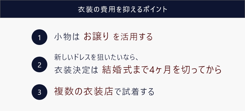 結婚式で衣装の費用を抑えるポイントの表